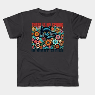 A black cat sitting in a basket  of bright flowers wondering about spring Kids T-Shirt